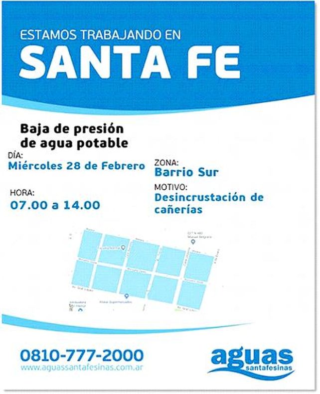 Habrá baja presión en los barrios San José, Pompeya y Sur