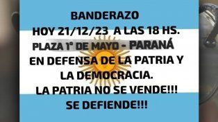 DNU: convocan a un Banderazo este jueves en Paraná