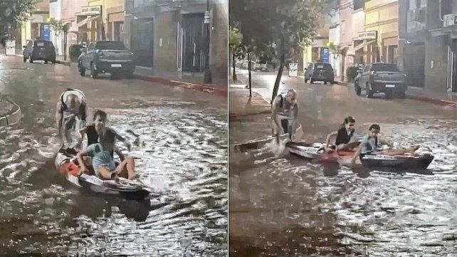 Navidad bajo el agua: Emanuel Noir jugó con sus hijas en calles inundadas.