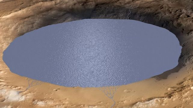 Agua en Marte. La fotografía es una recreación de la Nasa sobre la posible existencia de un lago en el planeta rojo.
