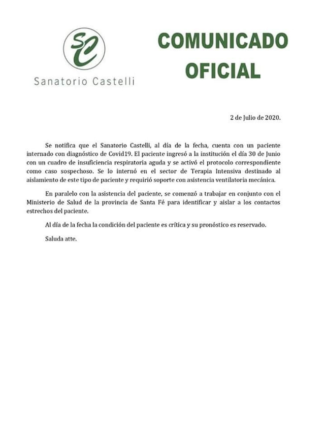 Coronavirus: murió un paciente internado en Venado Tuerto