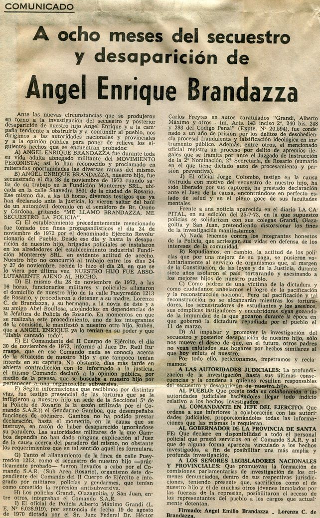 Solicitada de los padres de Ángel Brandazza que publicó La Capital el 27 de julio de 1973