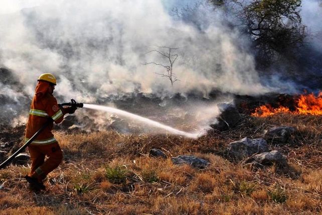 Imágen de la labor de un bombero en Panaholma distribuida por el Ministerio de Seguridad de Córdoba.