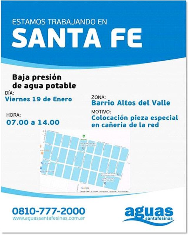 Disminuirá la presión de agua en Altos del Valle y Alto Verde