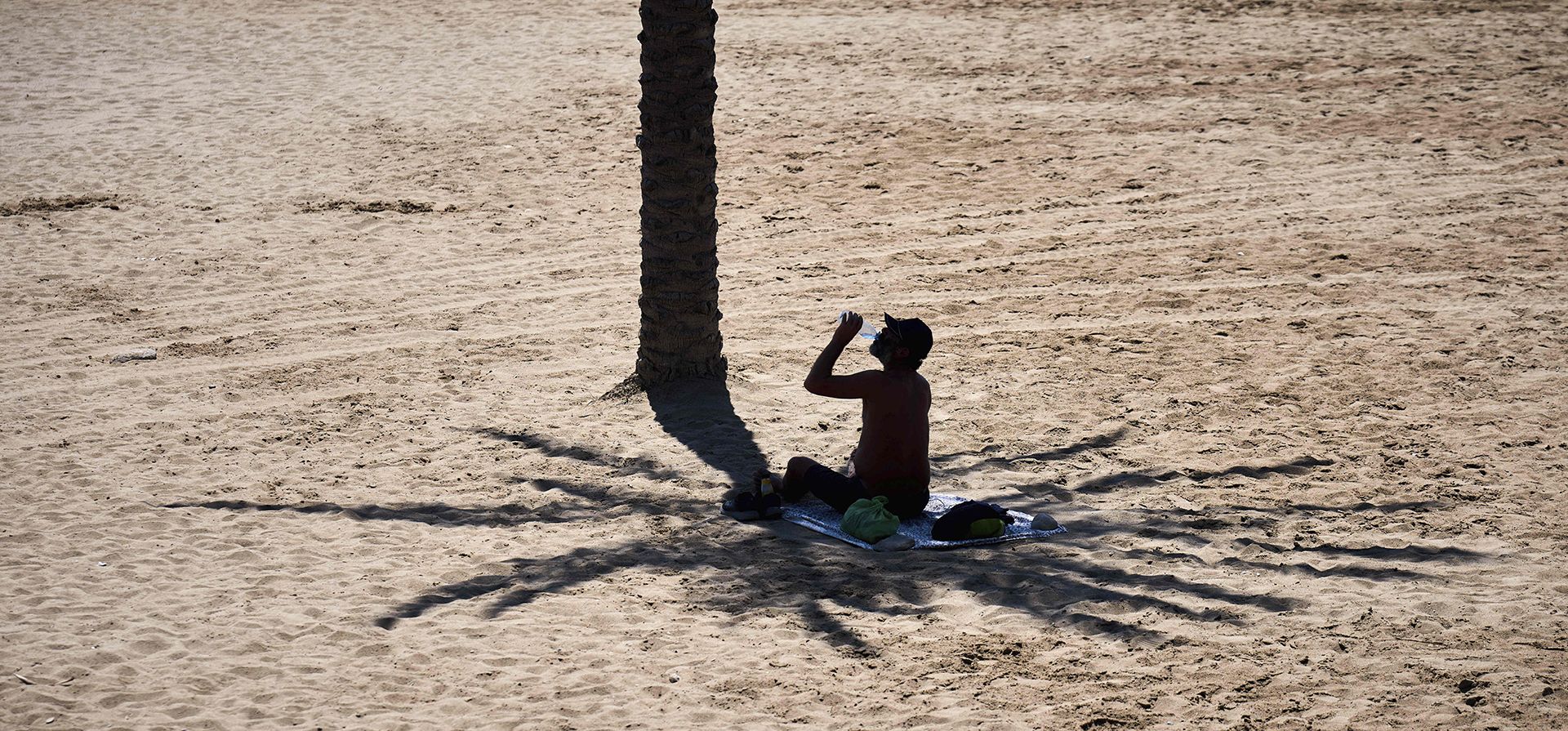 Un hombre aprovecha la sombra de una palmera para protegerse del sol mientras se hidrata bebiendo agua, en un día caluroso de playa en Barcelona, España, el miércoles 2 de julio de 2025. (Foto AP/Emilio Morenatti)