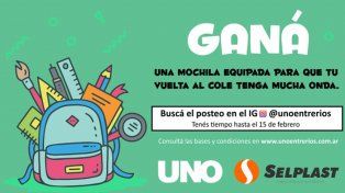 UNO y Selplast te invitan a participar del sorteo de una mochila equipada con útiles escolares.