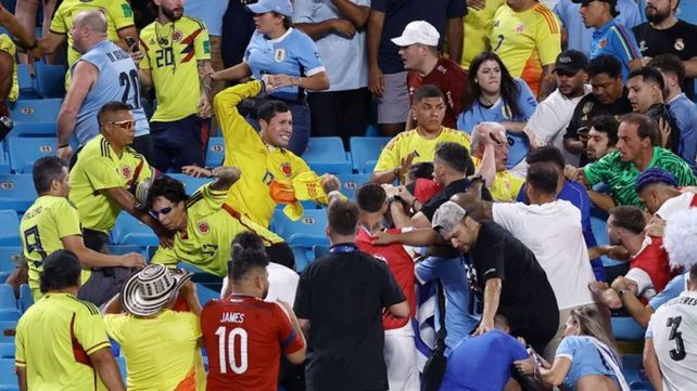 Darwin Núñez se dirigió a la tribuna y se agarró a las trompadas con hinchas de Colombia. El uruguayo recibió algunos golpes.
