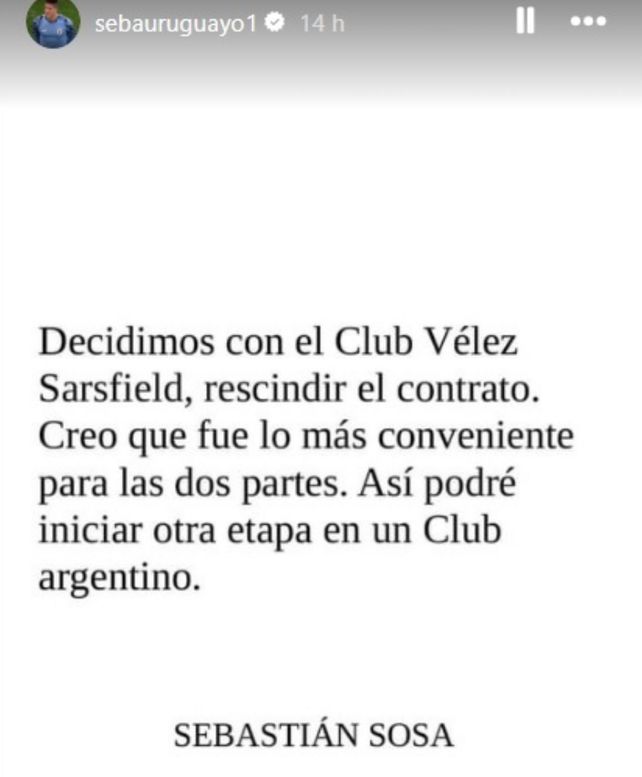 Tras acordar la rescisión con Vélez, Sosa anunció que seguirá jugando en Argentina