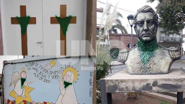 Aparecieron más pintadas de pañuelos verdes en iglesias y monumentos de la ciudad