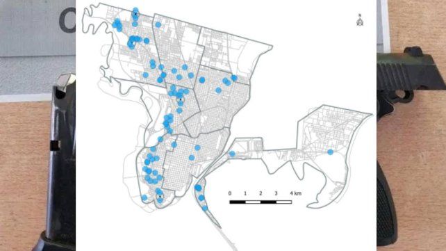 Mapa de la ciudad con los puntos celestes indicando dónde sucedieron los hechos violentos con heridos de bala.