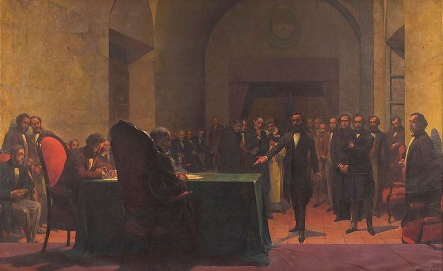 Pintura de Antonio Alice: sancionan la Constitución Nacional en 1853, el diputado santafesino Santiago Derqui, levanta la voz en apoyo.