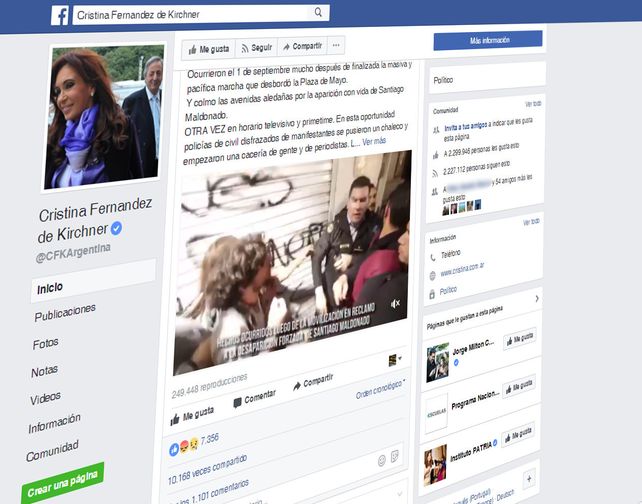 La expresidenta comentó los incidentes de Plaza de Mayo en su página de Facebook.
