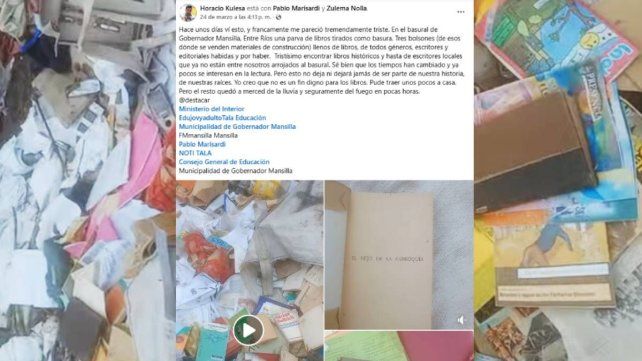 Vecinos de Gobernador Mansilla denunciaron el descarte de los libros.