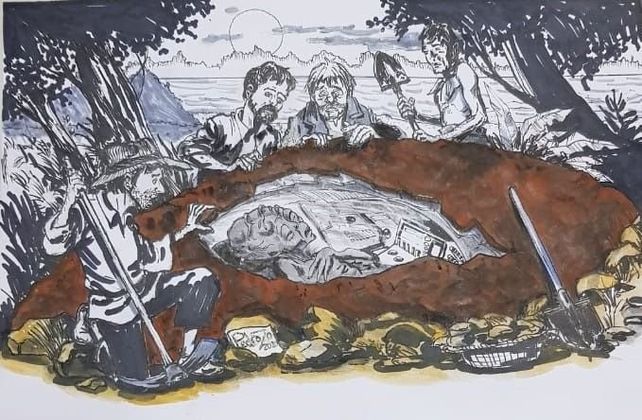 Carcarañá. Ilustración del ovni y de la momia alien reportados por el químico francés Serarg