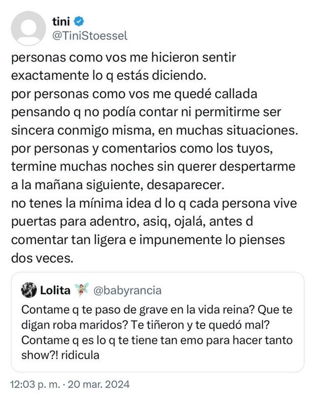 El cruce en que se volvió viral en X (Twitter) entre Tini Stoessel y una persona que la criticó