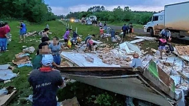 Camión volcó y la gente se llevó los pollos que trasladaba.