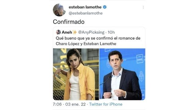 Qué bueno que ya se confirmó el romance de Charo López y Esteban Lamothe dice el tweet de una usuaria que incluyó las fotos de la actriz de la Casa de Papel (Alba Flores) y al Ministro del Interior Wado de Pedro