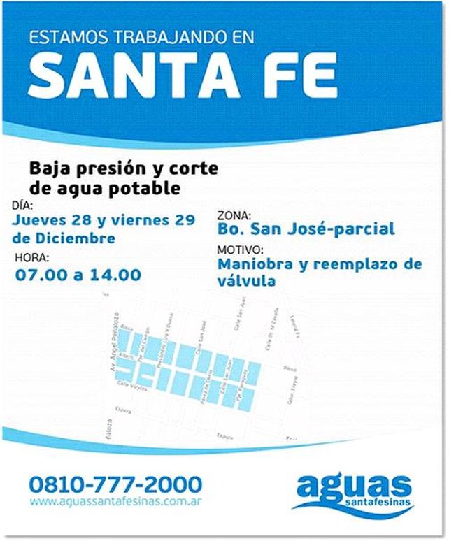 Anuncian baja presión y corte de agua en Bº San José