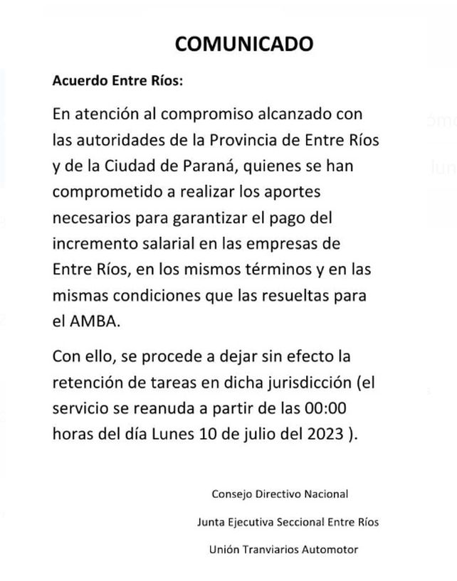El domingo por la noche la dirigencia de UTA comunicó a los medios el levantamiento de la medida