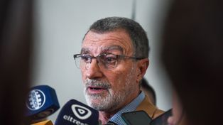 El ex ministro de Seguridad Rubén Rimoldi en su última presentación pública en una rueda de prensa el miércoles al mediodía.