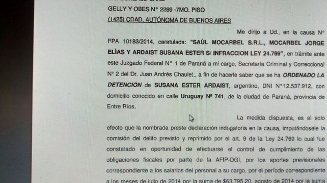 El oficio. Desde la Justicia Federal de Paraná se emitió la orden de detención.