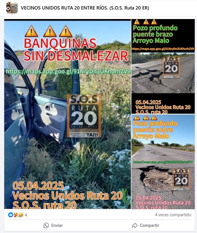 Ruta 20: cumple 13 años la asamblea de vecinos que reclama una reparación integral