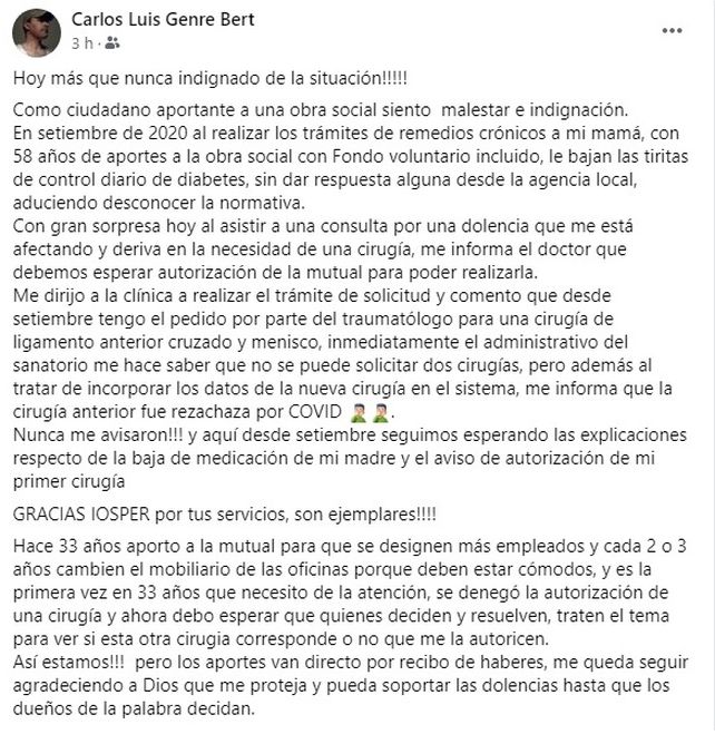 Iosper: funcionario de La Paz indignado por mala atención