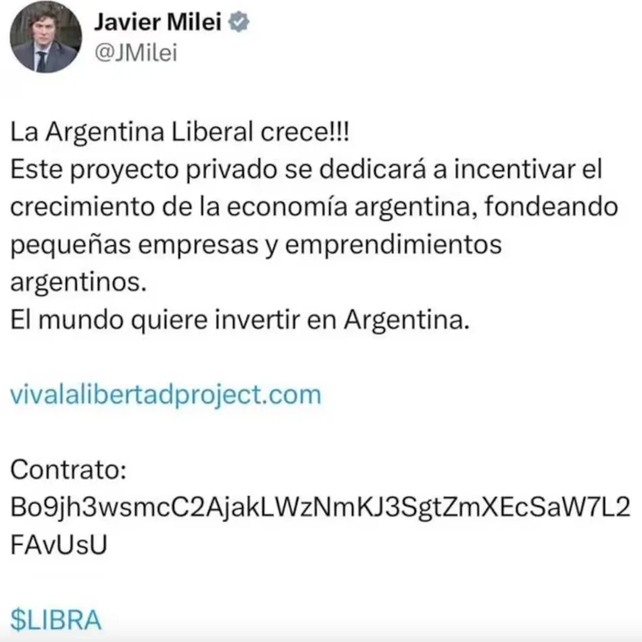 El tuit borrado de Javier Milei en X.