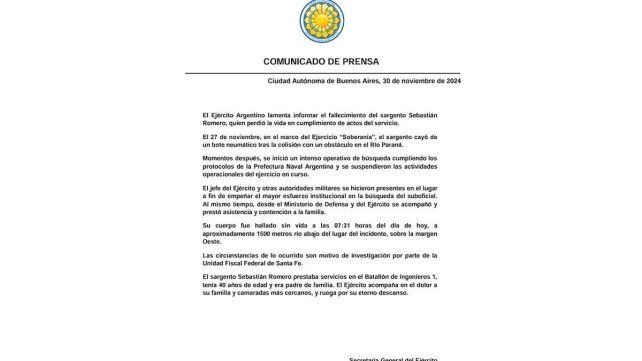 Hallaron el cuerpo sin vida del sargento desaparecido en el río Paraná