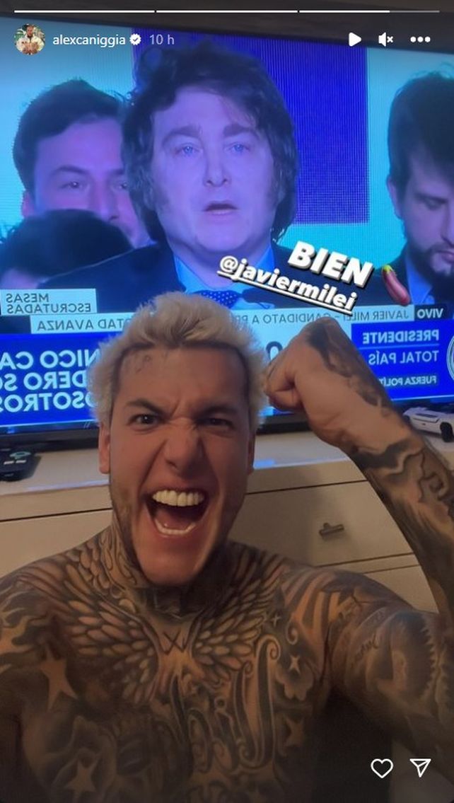 La historia de Instagram con la que Alex Caniggia celebró el triunfo de Javier Milei en las PASO.