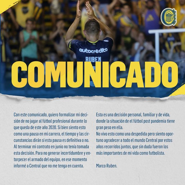 El comunicado de Marco Ruben, cuando decidió alejarse del mundo del fútbol en plena pandemia.