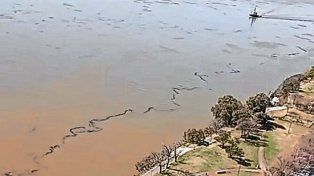 Un surco negro de cientos de metros se visualiza en el Río Paraná frente a Rosario.