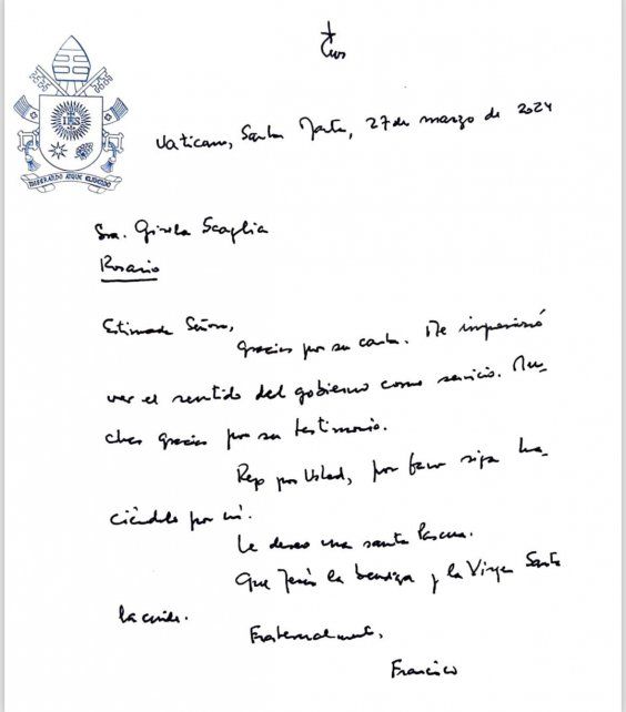 La vicegobernadora de Santa Fe Gisela Scaglia recibió una carta, de puño y letra, del Papa Francisco