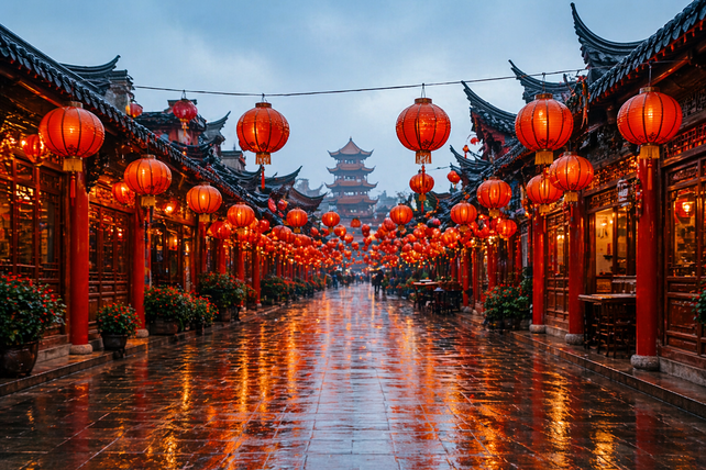 Las calles de China se transforman según la ocasión, mezclando tradiciones milenarias con una modernidad vibrante.   