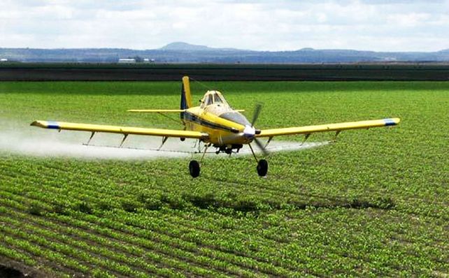 Pesticidas. Un avión fumiga un campo sembrado, postal recurrente.