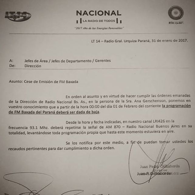 Paran los trabajadores de LT14 por la bajada de programación de FM La Baxada