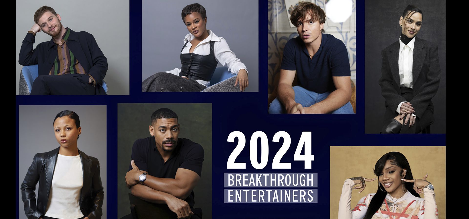 Esta combinación de fotografías muestra a los artistas revelación del año 2024 según AP. Fred Hechinger, de izquierda a derecha, Maleah Joi Moon, Nicholas Alexander Chavez, Adria Arjona, Myha'la, Aaron Pierre y Glorilla. (Foto AP)