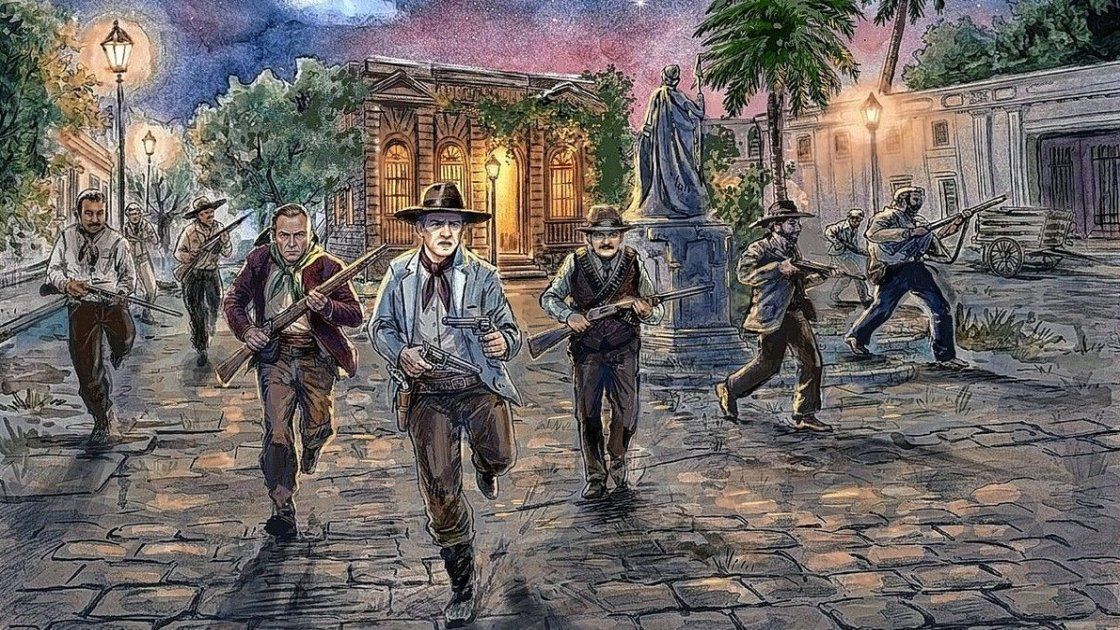 Los Kennedy y un grupo de rebeldes atravesando la plaza de La Paz, reflejado por Exequiel Arlotti.