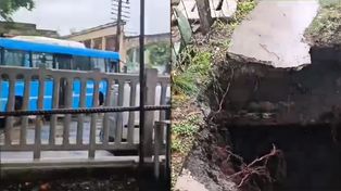 Punta de líneas en barrio Azcuénaga. El socavón que se abrió hoy por las intensas lluvias se tragó a un colectivero. 