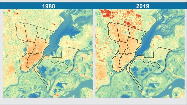 La comparación de las imágenes satelitales permiten analizar cómo se ocupó la superficie en la planta urbana de la ciudad de Santa Fe.
