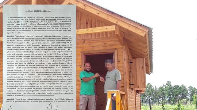 Emanuel Meglio haciendo entrega de una de las cabañas: tiene varias denuncias por estafa.