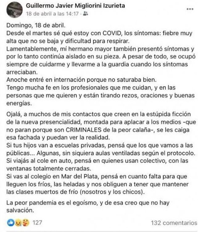 La peor pandemia es el egoísmo, el desgarrador mensaje de un docente que murió de coronavirus