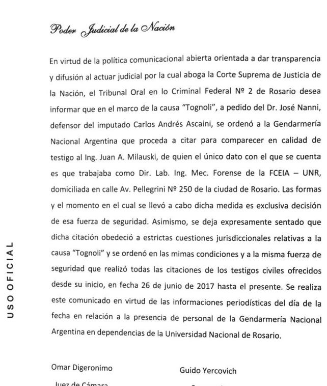 La Justicia confirmó que ordenó a Gendarmería buscar a un testigo que trabaja en la UNR