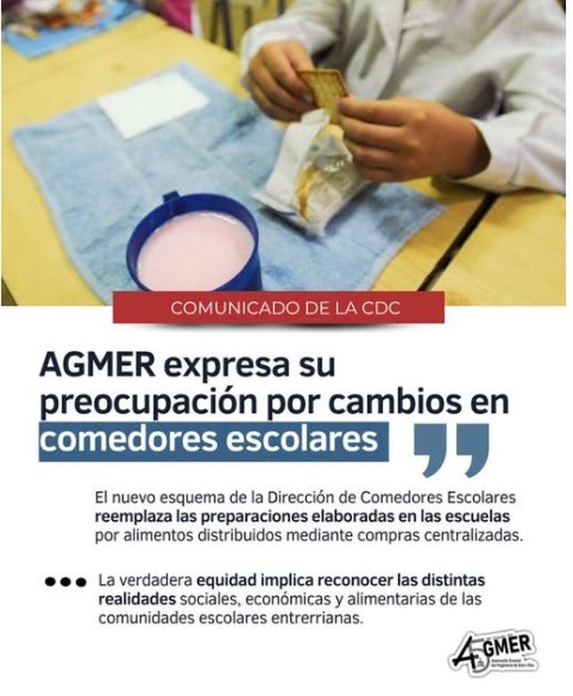 Comedores escolares: preocupa a Agmer el cambio nutricional a instrumentar