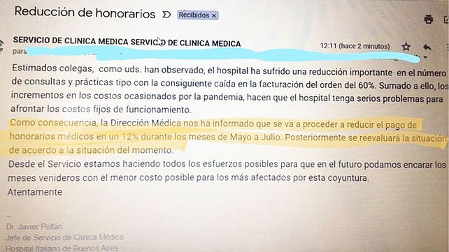 Bajaron 12% el sueldo a los médicos del Hospital Italiano