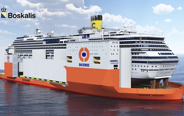 Coloso. Imagen de computadora que muestra al holandés Dochwise Vanguard cargando al Costa Concordia.