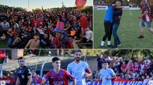 Jugadores e hinchas festejan en el campo de juego y Cicuta Ferri se abraza con un colaborador. Abajo,&nbsp; Scocco en pleno partido.
