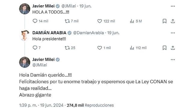Javier Milei felicitó al diputado Damián Arabia