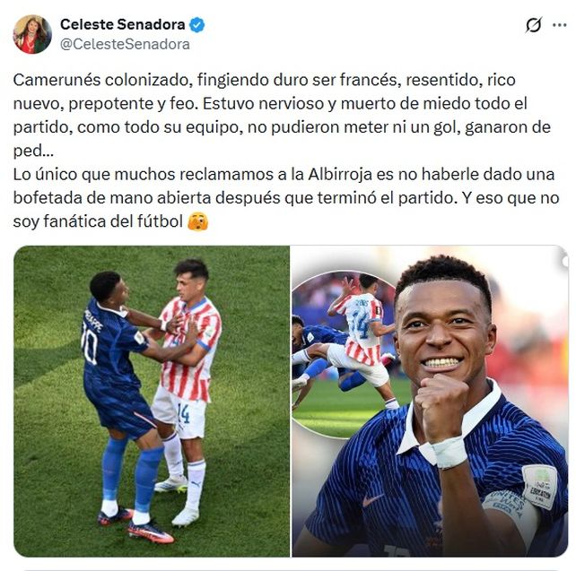 El gobierno de Paraguay se despegó de la sdeclaraciones de la cenadora Celeste Amarilla por sus insultos a Kylian Mbappé