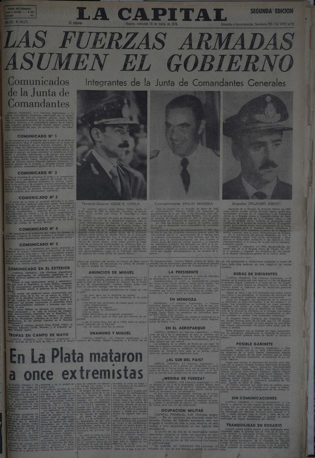 Edición de La Capital el 24 de marzo de 1976 en su título principal informa el final de la democracia y comienzo del oprobio. 